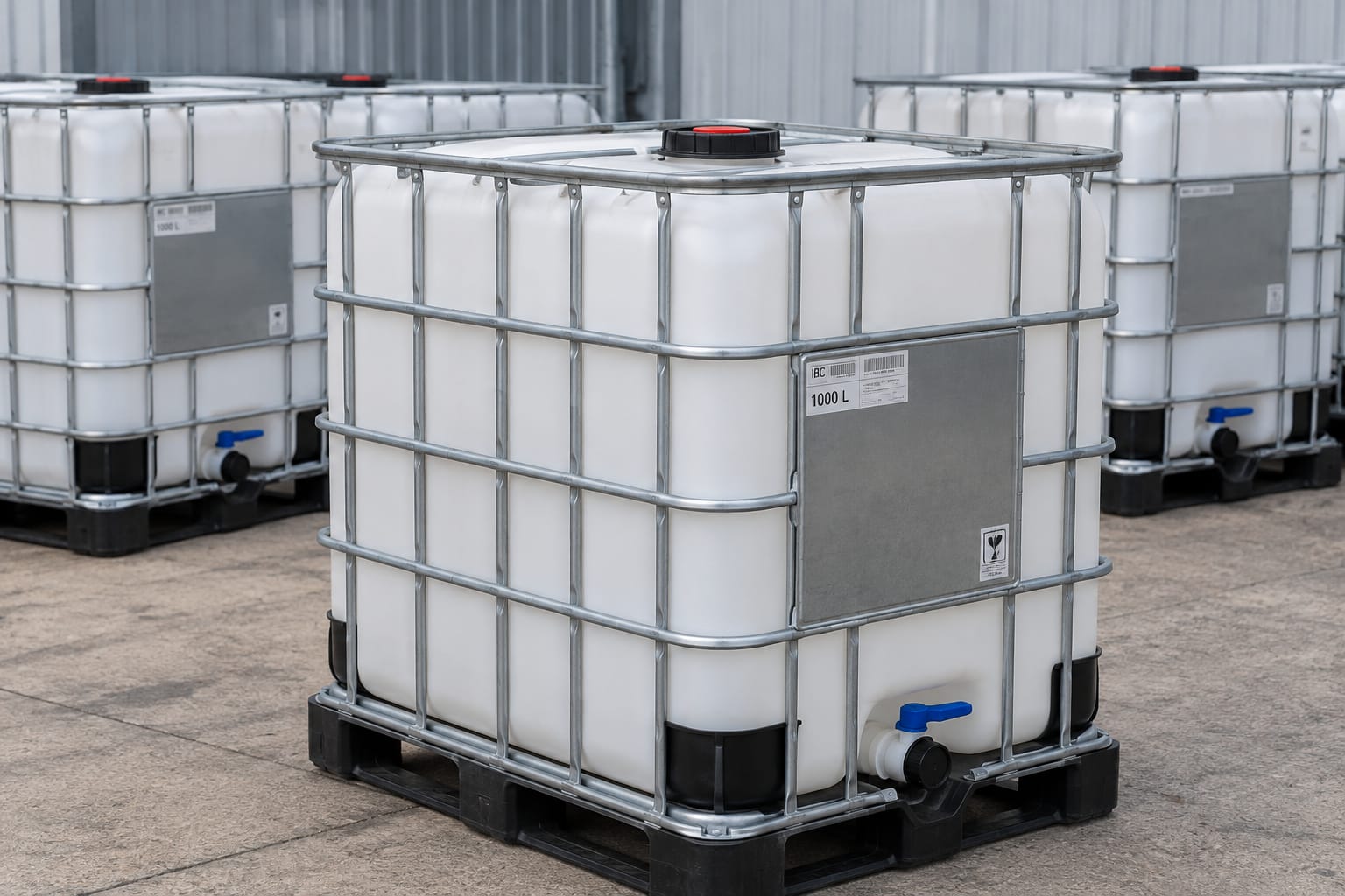 A single 1,000 litre IBC tote on a black plastic pallet, bottle clear and unmarked, galvanised cage square, with further units behind it