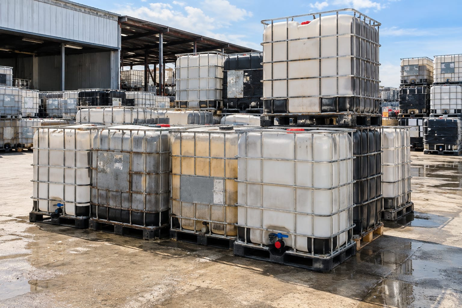 Stacked used IBC totes on a wet concrete pad, bottles stained amber and grey, cages weathered