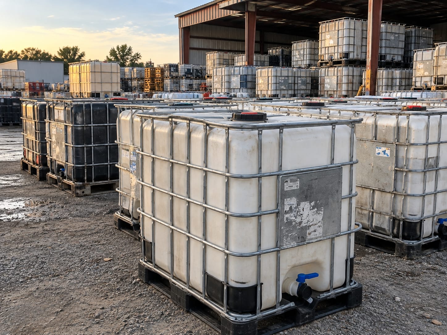 An outdoor reclaim yard at golden hour, rows of used IBC totes on gravel in front of an open-sided shed