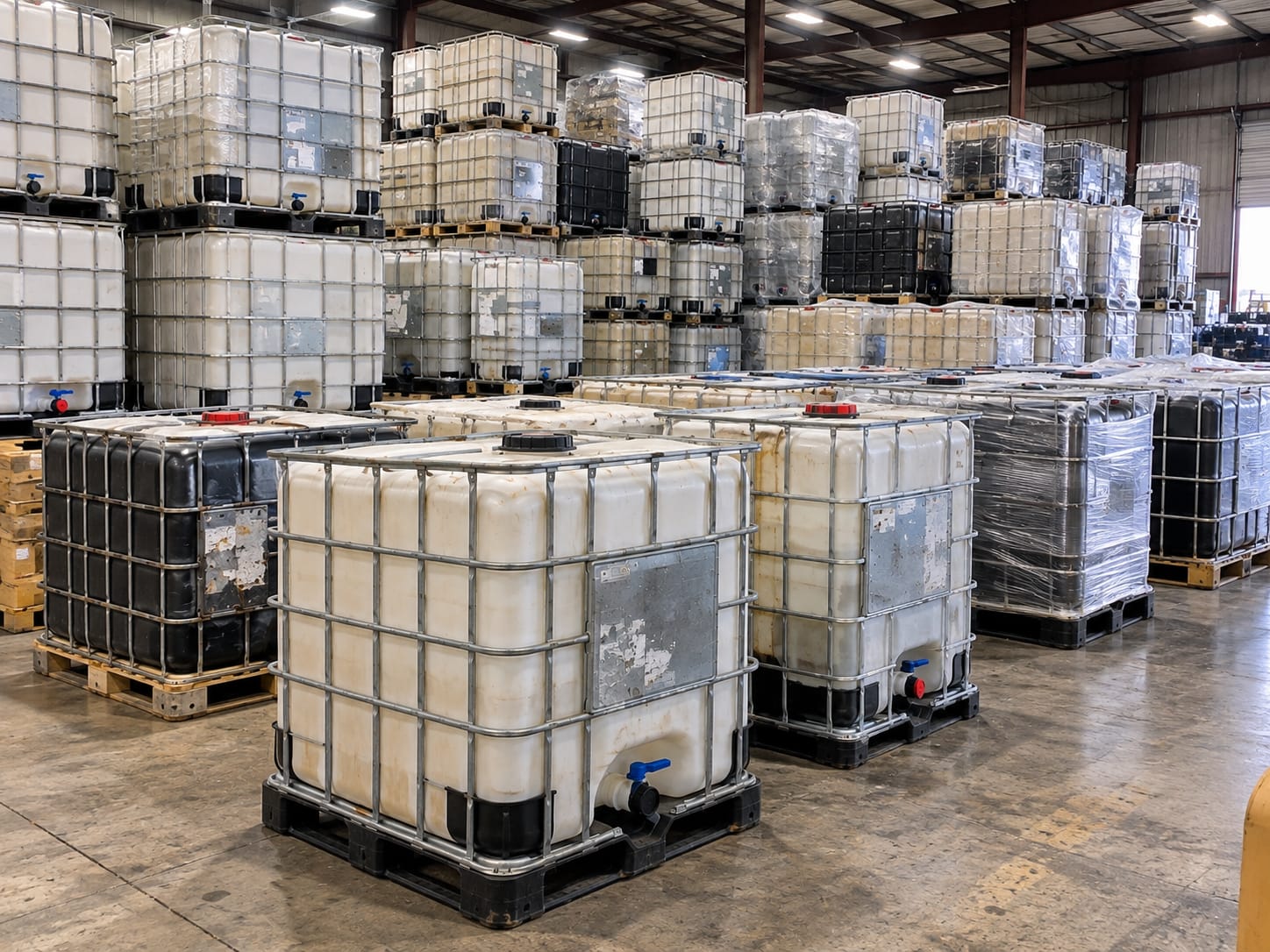 Inside a warehouse, IBC totes stacked two and three high on pallets with shrink-wrapped units behind