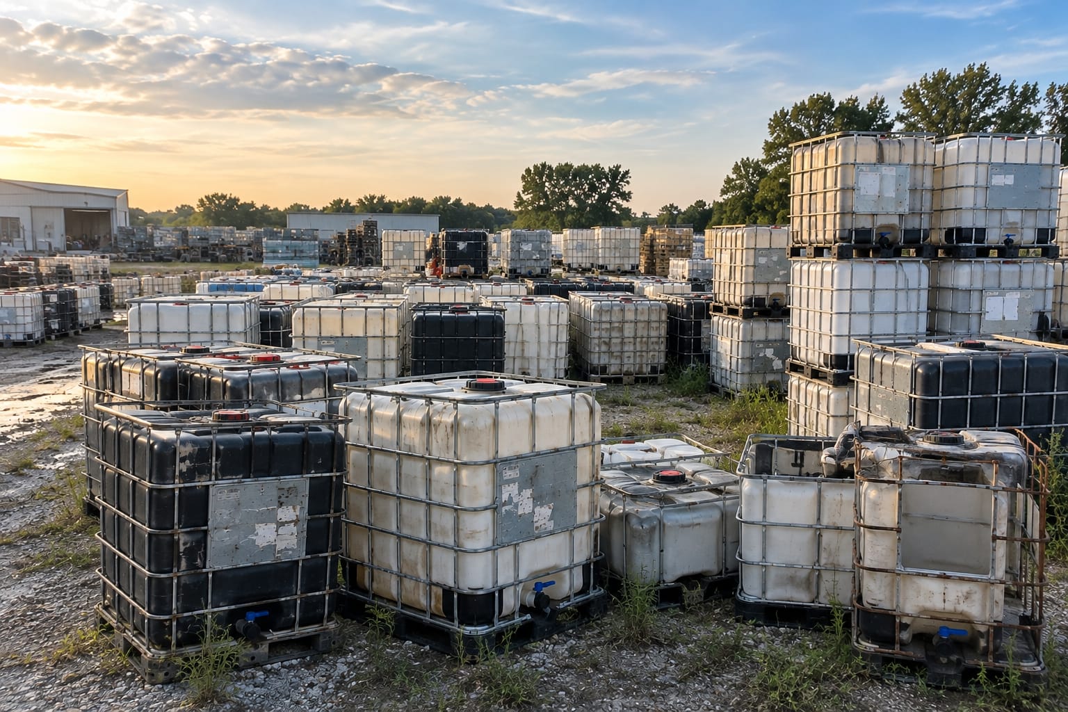 A wide reclaim yard at sunset, hundreds of used IBC totes in white and black stacked across gravel