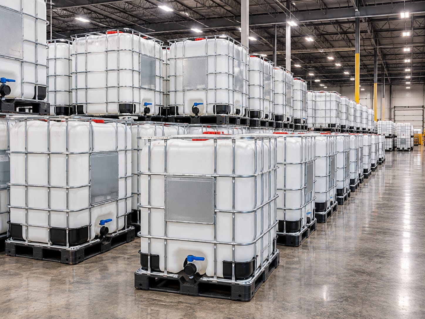 Long rows of clean white IBC totes with red caps and blue valves in a brightly lit modern warehouse